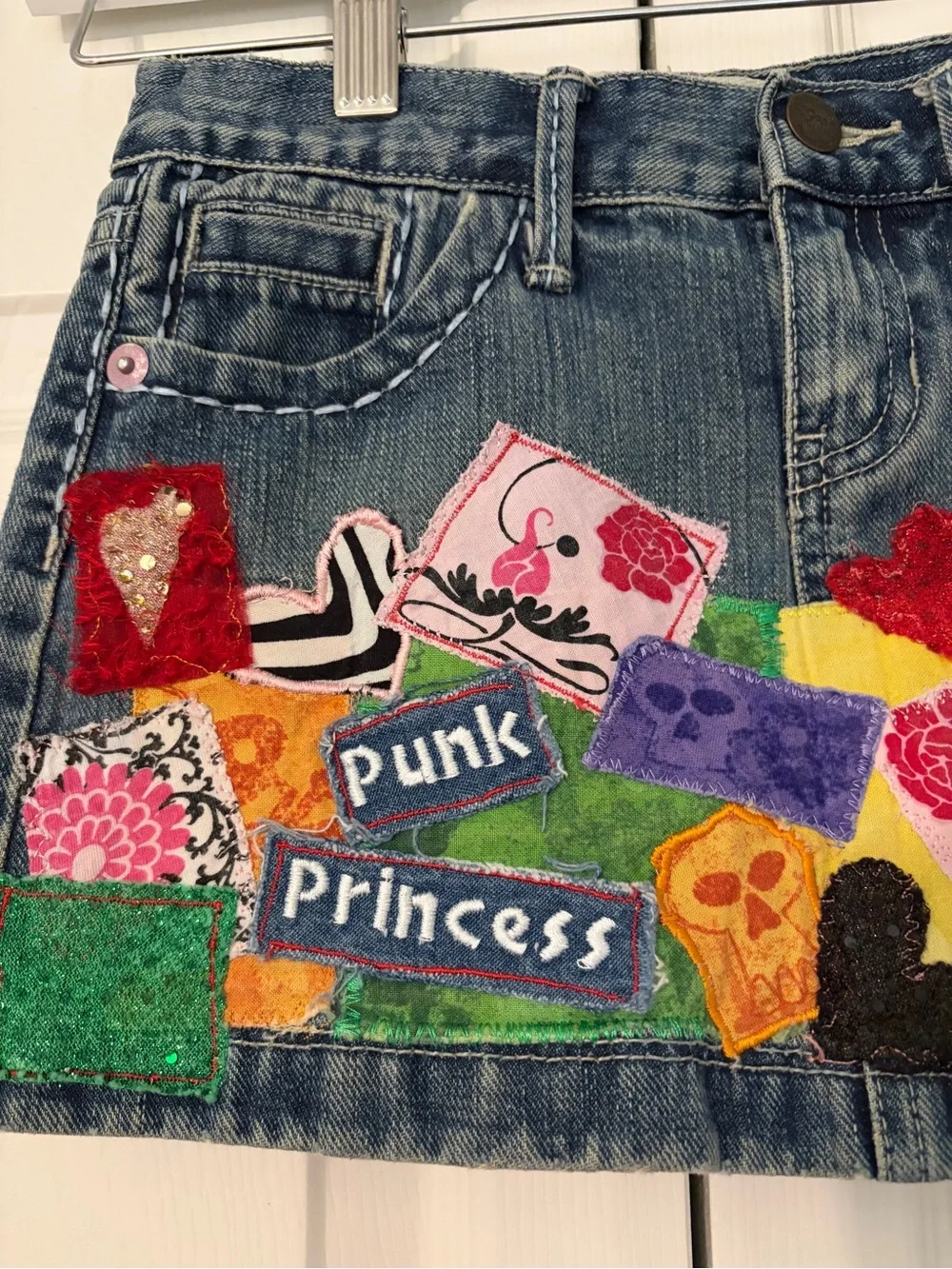 GAP Punk Princess Denim Patchwork Skirt Bohemian Upcycled Art Size 8